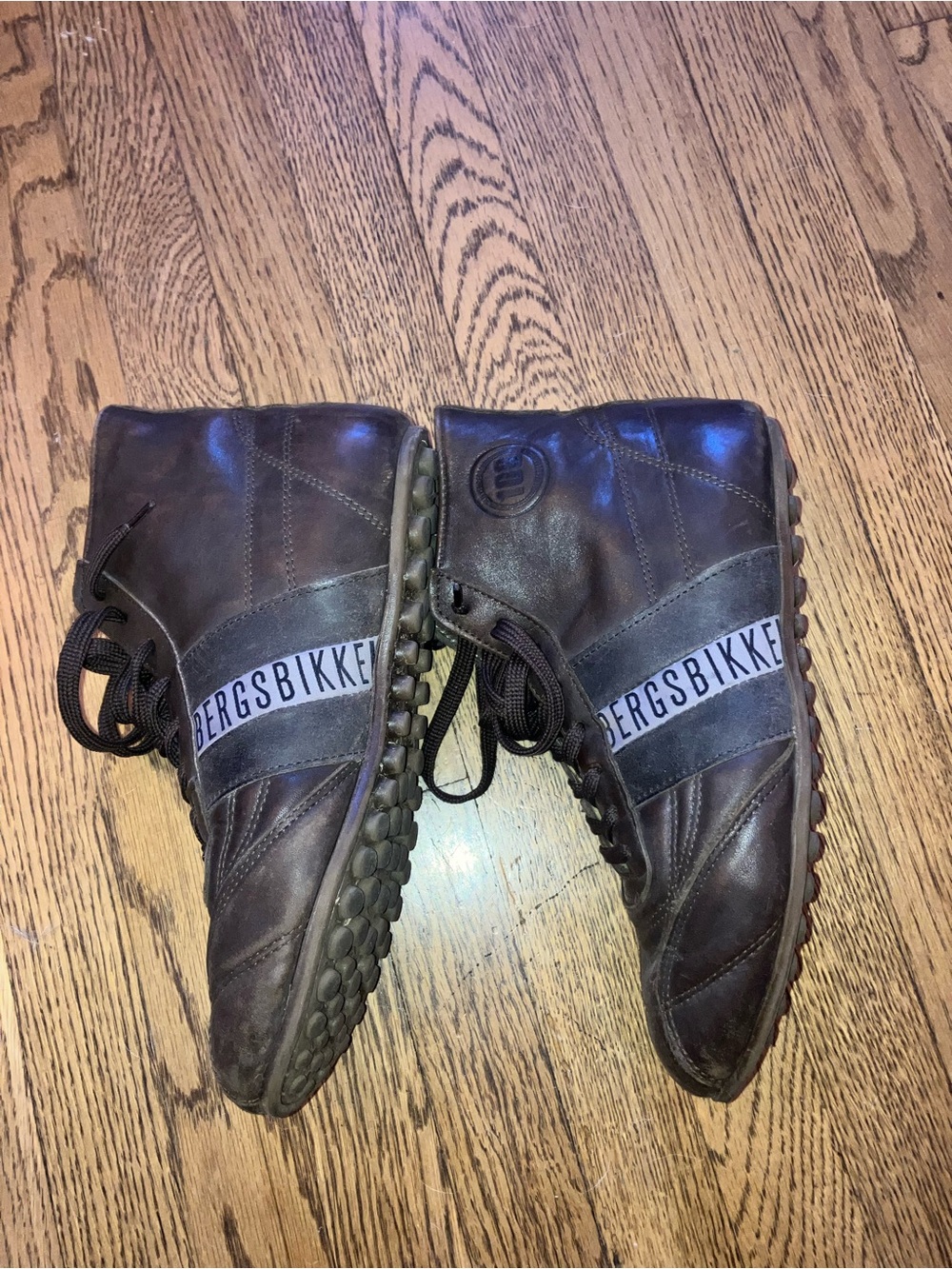 Dirk Bikkembergs brown leather “soccer-style” high-top sneakers